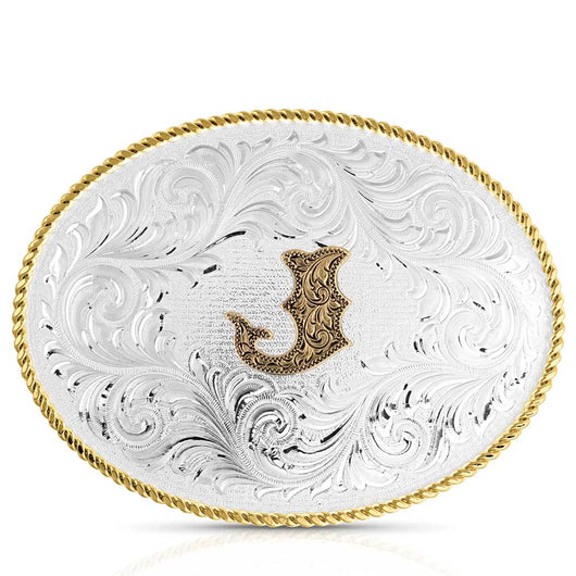 Classic Western Oval Two-Tone Initial Belt Buckle - J