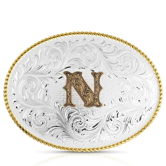Classic Western Oval Two-Tone Initial Belt Buckle - N