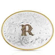 Classic Western Oval Two-Tone Initial Belt Buckle - R