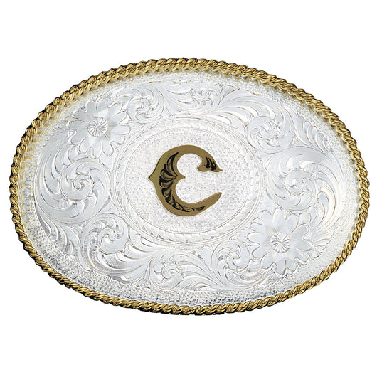 Initial C Silver Engraved Gold Trim Western Belt Buckle