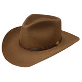Brown cowboy hat with a leather band on a white background