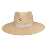 Beige straw hat with a band on a white background