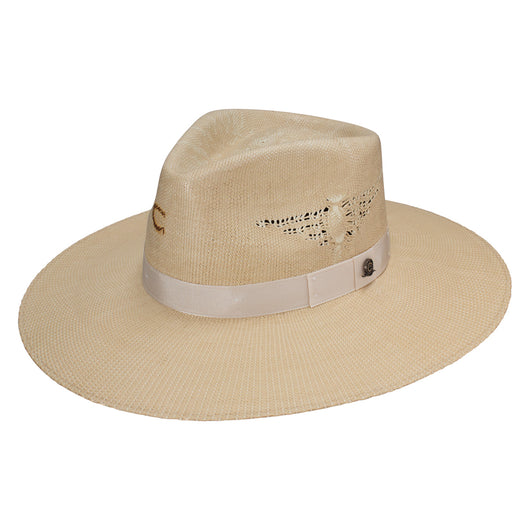 Beige straw hat with decorative band on a white background