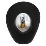 Black cowboy hat with a brand logo on a white background