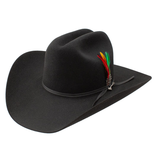 Black cowboy hat with a decorative feather on a white background