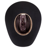 Black cowboy hat lining with the Stetson brand label on a white background