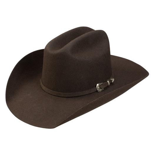Brown cowboy hat with a decorative buckle on a white background