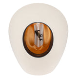 Bone colored cowboy hat with a black sweat band and brand logo on a white and gold colored lining.
