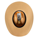 Tan Stetson cowboy hat with black band sweatband and Stetson brand label on a white background