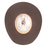 Light brown Stetson hat with a white interior and logo on a white background