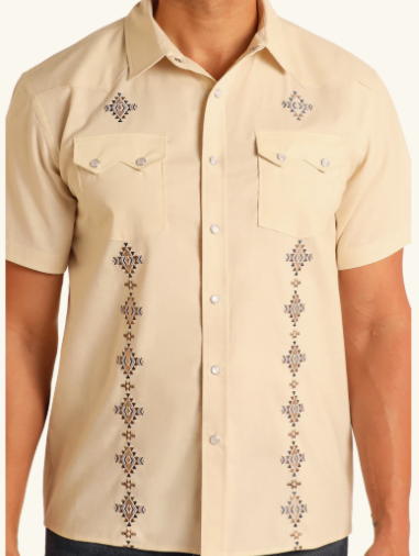 Modern Vintage Diamond Embroidered Short Sleeve Snap Shirt