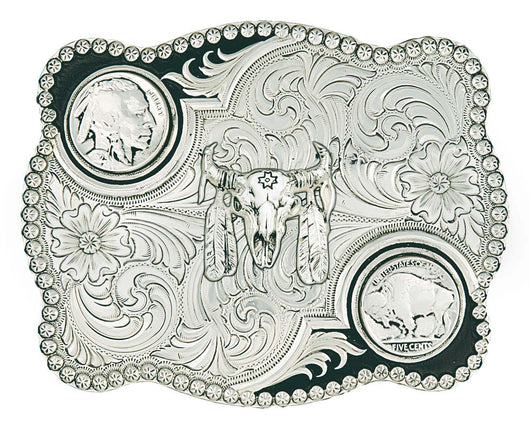 Antiqued Buffalo Nickel Buckle with Buffalo Skull