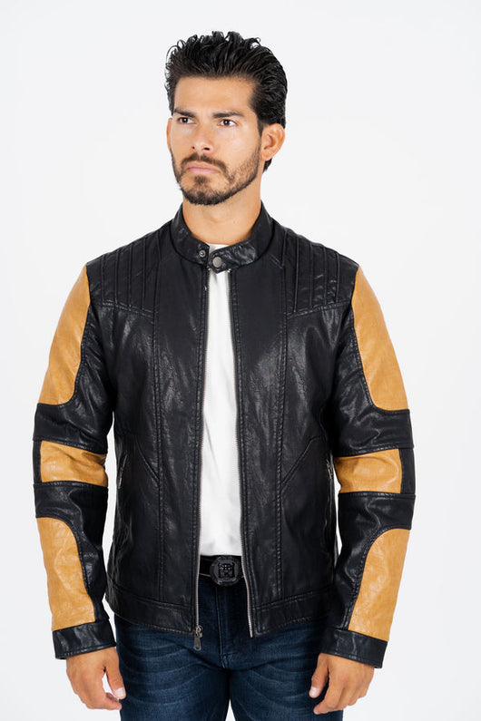 Faux Leather Jacket Black Camel