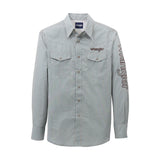 Long-sleeve shirt with 'Wrangler' branding on a white background