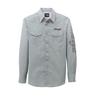 Long-sleeve shirt with 'Wrangler' branding on a white background