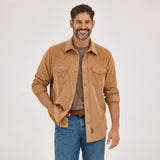 Man wearing a brown shirt and blue jeans on a white background