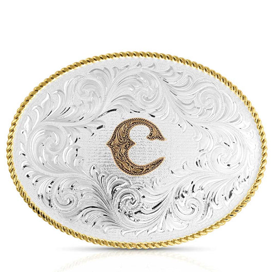 Classic Western Oval Two-Tone Initial Belt Buckle - C
