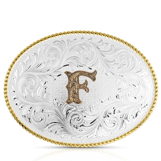 Classic Western Oval Two-Tone Initial Belt Buckle - F