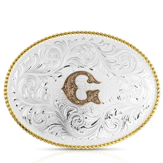 Classic Western Oval Two-Tone Initial Belt Buckle - G
