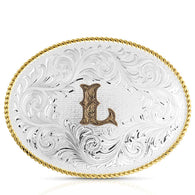 Classic Western Oval Two-Tone Initial Belt Buckle - L