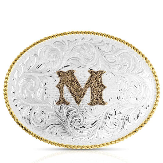 Classic Western Oval Two-Tone Initial Belt Buckle - M