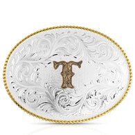 Classic Western Oval Two-Tone Initial Belt Buckle - T