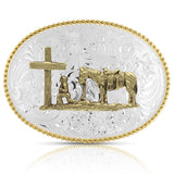 Small Two-Tone Engraved Buckle with Christian Cowboy