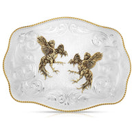 Giant Engraved Scalloped Two Tone Buckle With Fighting Roosters