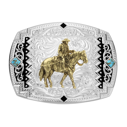 Southwest Scroll Buckle with Brand Cowboy
