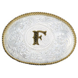Initial F Silver Engraved Gold Trim Western Belt Buckle