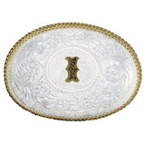 Initial I Silver Engraved Gold Trim Western Belt Buckle