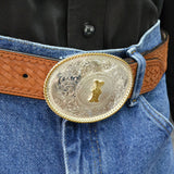 Initial I Silver Engraved Gold Trim Western Belt Buckle