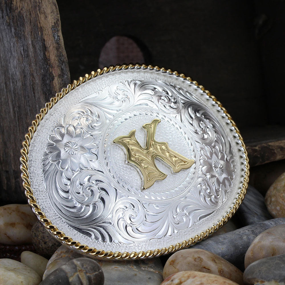 Initial K Silver Engraved Gold Trim Western Belt Buckle  display picture 1