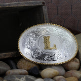 Initial L Silver Engraved Gold Trim Western Belt Buckle
