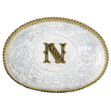 Initial N Silver Engraved Gold Trim Western Belt Buckle