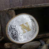 Initial N Silver Engraved Gold Trim Western Belt Buckle