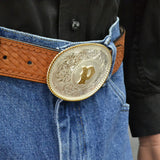 Initial P Silver Engraved Gold Trim Western Belt Buckle