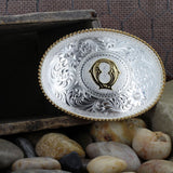 Initial Q Silver Engraved Gold Trim Western Belt Buckle
