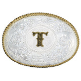 Initial T Silver Engraved Gold Trim Western Belt Buckle