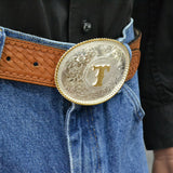 Initial T Silver Engraved Gold Trim Western Belt Buckle
