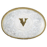 Initial V Silver Engraved Gold Trim Western Belt Buckle