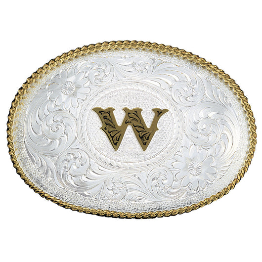 Initial W Silver Engraved Gold Trim Western Belt Buckle