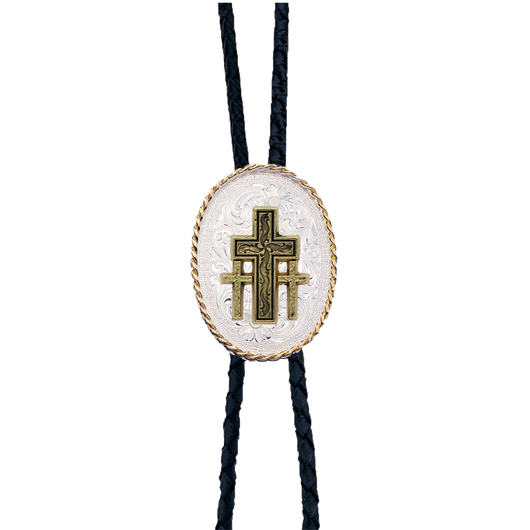 Silver Engraved Bolo Tie With Triple Cross Figure