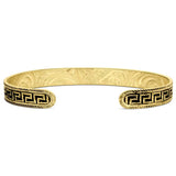 Gold bracelet with intricate design on a white background