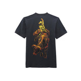 Black t-shirt with a graphic of a cowboy riding a bull