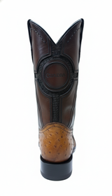 Cognac Full Quill Ostrich Leather cowboy boot heel counter side on a white background