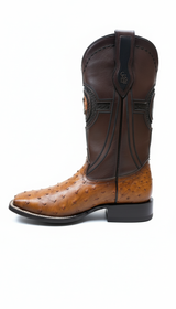 Cognac Full Quill Ostrich Leather cowboy boot on a white background
