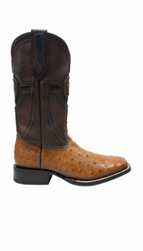 Cognac Full Quill Ostrich Leather cowboy boot on a white background
