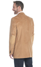 Man wearing a western camel blazer on a white background