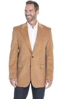 Man wearing a western camel blazer over a white shirt on a white background